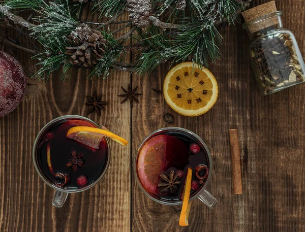 Christmas Hot Mulled Wine Glasses Spices Citrus Fruit Top View — Stock Photo, Image