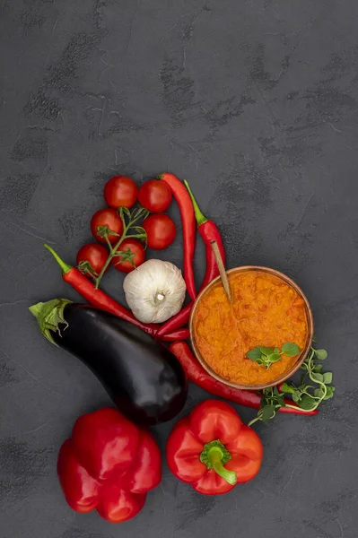 Traditional Autumn Balkan Vegan Spread Ajvar Aivar Ingredients Homemade Relish — Stock Photo, Image