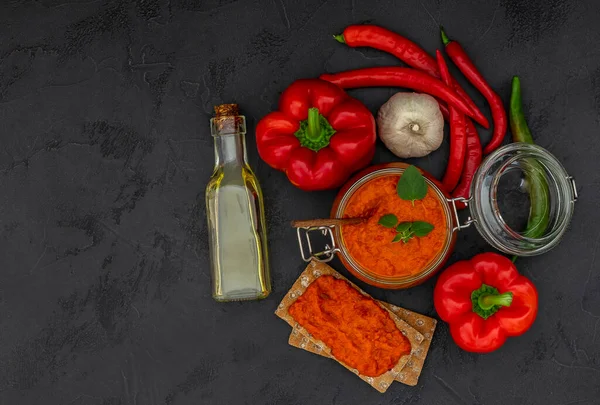 Traditional Autumn Balkan Vegan Spread Ajvar Aivar Ingredients Homemade Relish — Stock Photo, Image