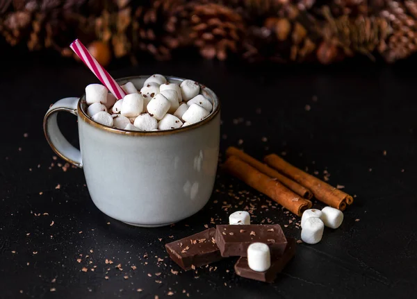 Noël Nouvel Composition Vacances Confortable Tasse Avec Cacao Chocolat Chaud — Photo