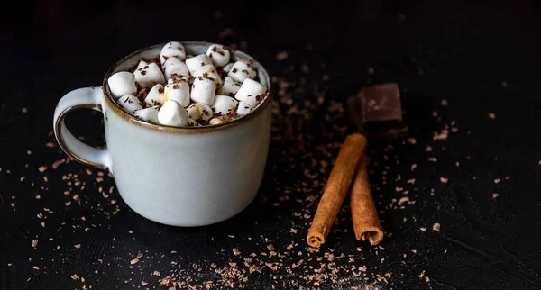 Homemade Hot Chocolate Cacao Mini Marshmallow Cinnamon Warm Holiday Drink — Stock Photo, Image