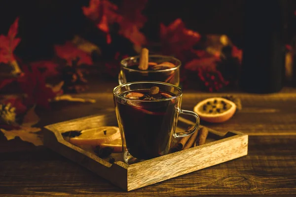 Cozy Autumn Drink Blurred Background Hot Mulled Wine Oranges Spices — Stock Photo, Image