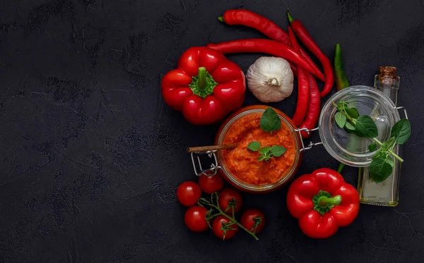 Traditional Autumn Balkan Vegan Spread Ajvar Aivar Ingredients Homemade Relish — Stock Photo, Image