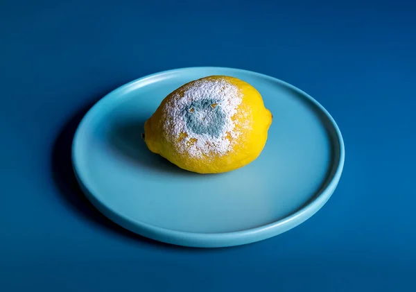 Limón Amarillo Podrido Estropeado Con Moho Blanco Sobre Fondo Azul —  Fotos de Stock
