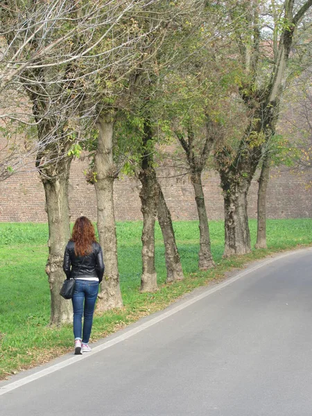 一个寂寞的女人沿着一条林荫大道漫步在大街上 — 图库照片