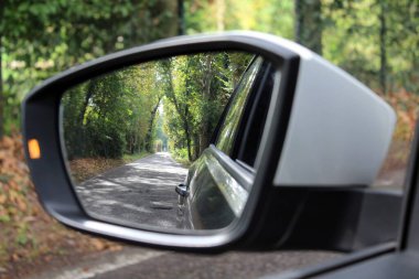 Sonbaharda arabayla seyahat eden turist ya da gezgin