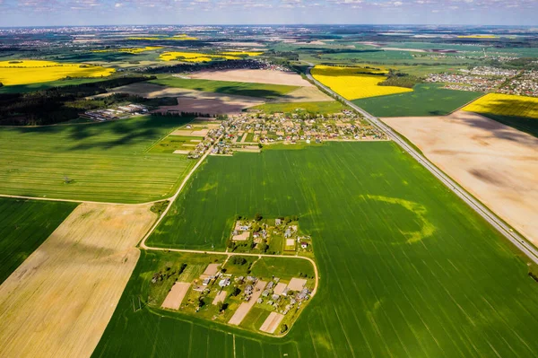 Vista Superior Campo Verde Sembrado Pequeño Pueblo Bielorrusia Campos Agrícolas —  Fotos de Stock
