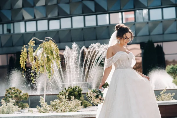 Ritratto Della Sposa Nella Città Vicino Alla Fontana Una Splendida — Foto Stock