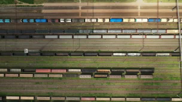 Vista dall'alto dei binari e dei carri ferroviari.Vista dall'alto di auto e ferrovie.Minsk.Belarus — Video Stock