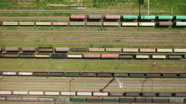 Vista dall'alto dei binari e dei carri ferroviari.Vista dall'alto di auto e ferrovie.Minsk.Belarus — Video Stock