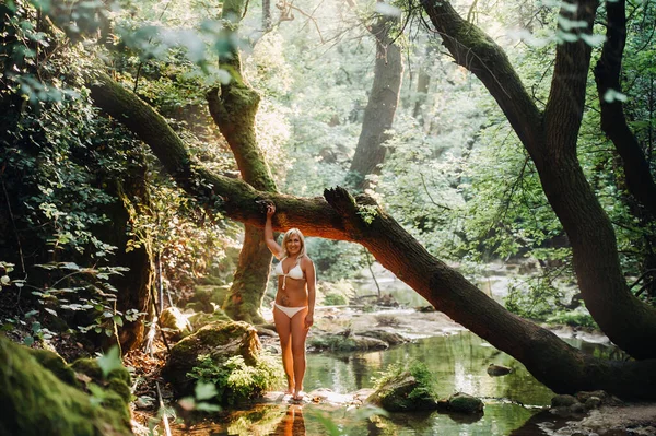 Retrato Uma Mulher Sexy Magnífica Biquíni Entre Floresta Tropical Maquiagem — Fotografia de Stock