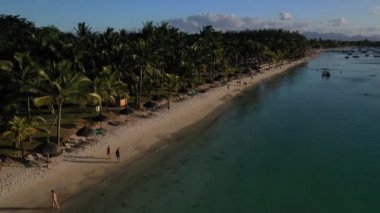 Rıhtım kıyısı boyunca sahil ve mercan resifi ve palmiye ağaçları Mauritius, Afrika, Mauritius adasının kıyısında rıhtım.