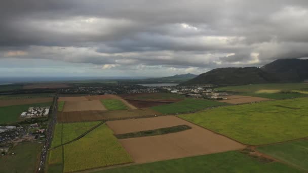 Légi fotózás a gyönyörű zöld vidék Mauritius a mezők és a hegyekre néző — Stock videók