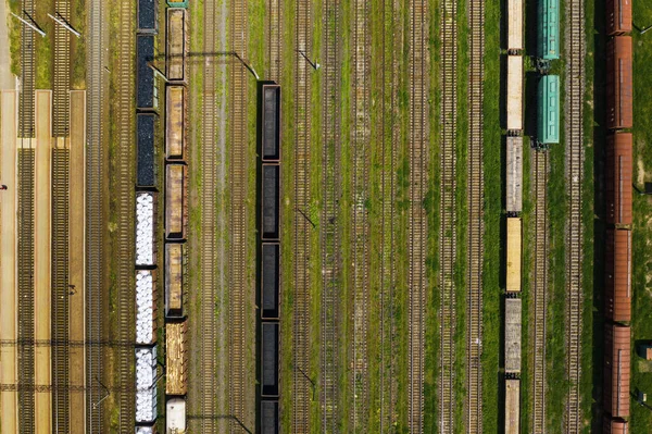 aerial photography of railway tracks and cars.Top view of cars and Railways.Minsk.Belarus.