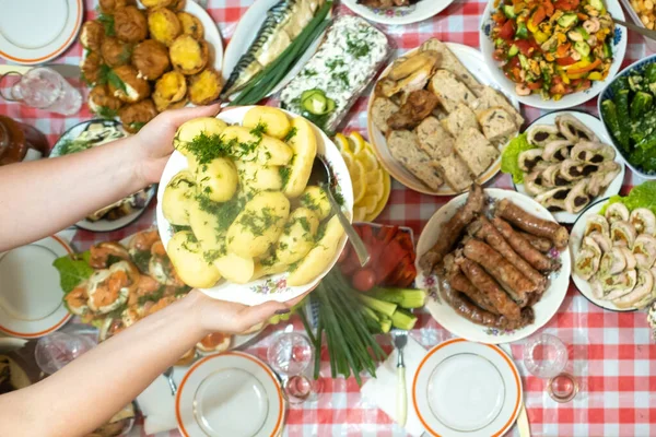 Lot Different Food Banquet Table Served Boiled Potatoes Dill Large — Stock Photo, Image