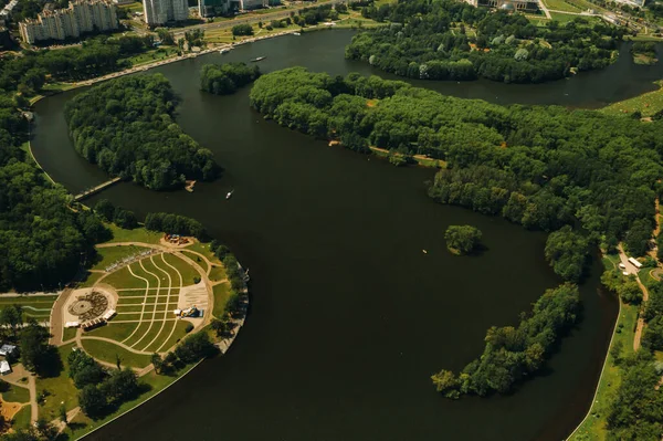 Top view of the victory Park in Minsk and the Svisloch river.A bird\'s-eye view of the city of Minsk and the Park complex.Belarus.