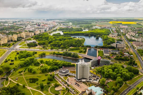 Top view of the victory Park in Minsk and the Svisloch river.A bird\'s-eye view of the city of Minsk and the Park complex.Belarus.