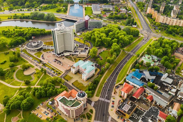 Top view of the Victory Park in Minsk and the Svisloch river and the hotel.A bird\'s-eye view of the city of Minsk and the Park.Belarus.