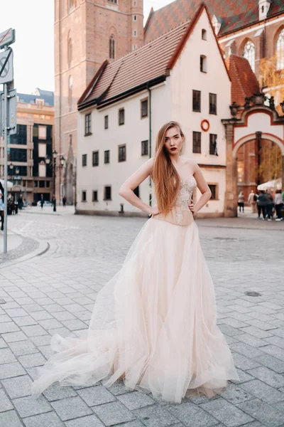도시인 클루에서는 드레스를 머리를 신부가 결혼식 사진은 폴란드 폴란드의 중심부에서 — 스톡 사진