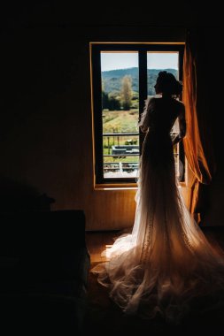 Nicea 'nın güzel gelini ve güzel yüzlü, gelinlik giymiş güzel sarışın gelin odanın içinde poz veriyor. Provence 'deki gelinin portresi. Fransa.