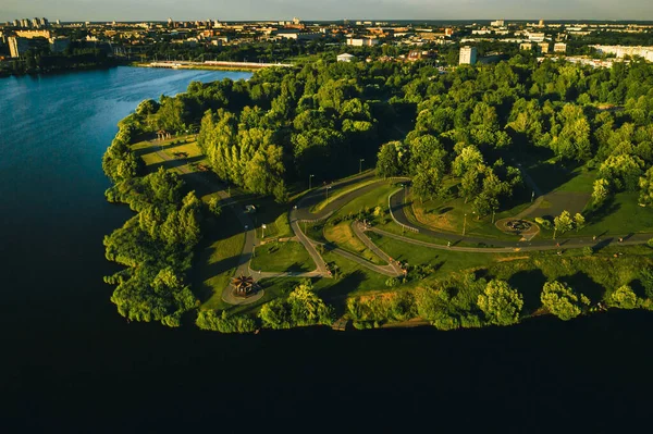 Top view of the city Park in Chizhovka.Recreation Park with bike paths in Minsk.Belarus.