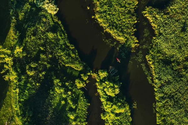 Верхний вид на реку Свислочь в парке и каякер на закате в Минске. Красивая природа Беларуси . — стоковое фото