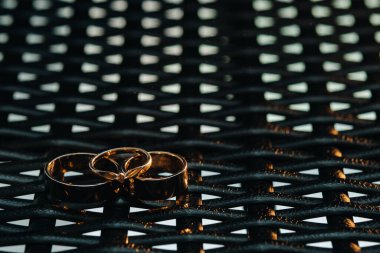 İki alyans ve damalı bir nişan yüzüğü. Birbirine aşık bir çiftin üç altın yüzüğü. Gri bir arkaplanda. Aşk kavramı..