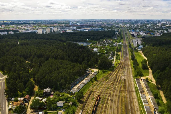 Demiryolu Arabaların Hava Fotoğrafları Arabaların Demiryollarının Üst Görüntüsü Minsk Belarus — Stok fotoğraf