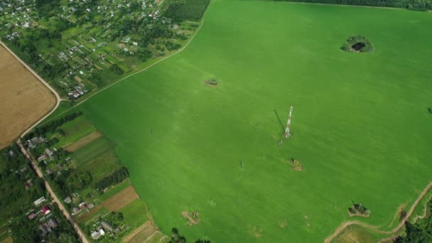 Windmühlen im Sommer auf einem grünen Feld. Große Windmühlen stehen auf einem Feld in der Nähe des Waldes. Europa, Weißrussland — Stockvideo