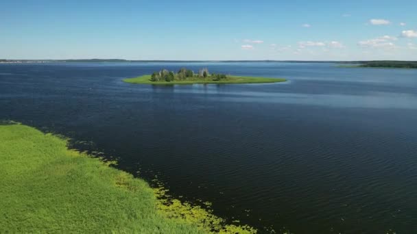 Vista superior del lago Drivyaty en el Parque Nacional de los lagos Braslav, los lagos más bellos de Belarús. Una isla en el lago. Bielorrusia. — Vídeos de Stock