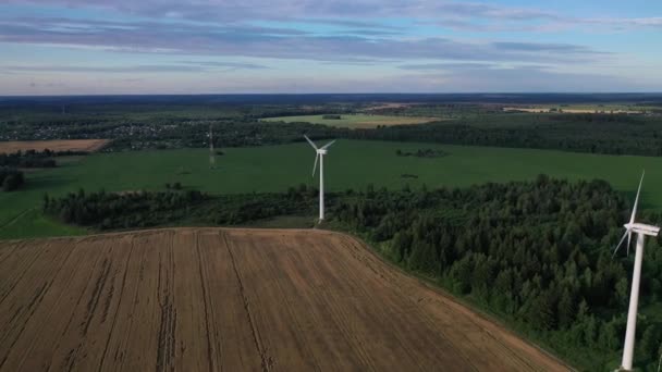 Molinos de viento en verano en un campo verde.grandes molinos de viento de pie en un campo cerca del bosque.Europa, Belarús — Vídeos de Stock