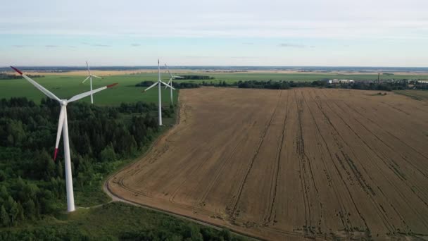 Moinhos de vento no verão em um campo verde.Grandes moinhos de vento em pé em um campo perto da floresta.Europa, Bielorrússia — Vídeo de Stock