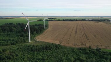 Yel değirmenlerinin manzarası orman ve tarlada duruyor. Belarus 'ta dönen yel değirmenleri. Enerji.
