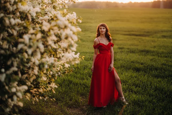 Uma Menina Bonita Primavera Vestido Vermelho Com Lábios Vermelhos Fica — Fotografia de Stock