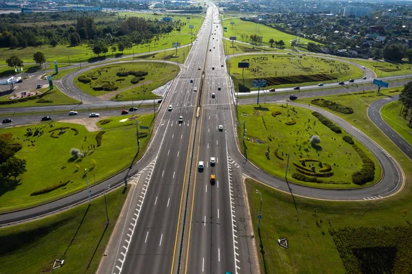 Top view of the ring road and the fork with cars in the city of Minsk.Belarus.