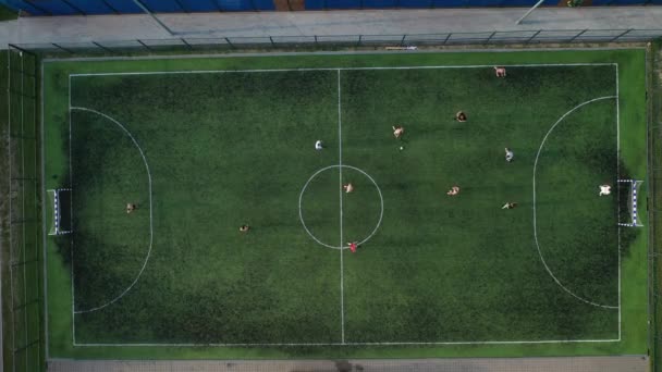 Vista superior de um campo de futebol esportivo com pessoas jogando soccer.a pequeno campo de futebol na rua no distrito de Serebryanka. — Vídeo de Stock