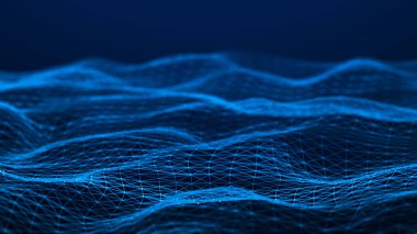 Noktaları ve çizgileri olan gelecekçi bir dalga. Büyük veri. Dinamik dalga arka planı. Teknoloji arka planı. 3d oluşturma