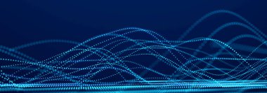 Parlayan parçacıkların dijital dalgası. Teknoloji ve bilim. Tasarım, sunum, duvar kağıdı ve afiş için fütürist zemin. Üç Boyut