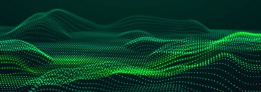 Parlayan parçacıkların dijital dalgası. Teknoloji ve bilim. Tasarım, sunum, duvar kağıdı ve afiş için fütürist zemin. Üç Boyut