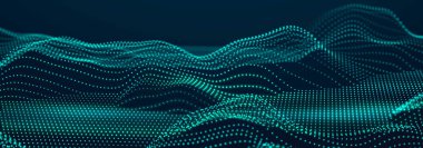Parlayan parçacıkların dijital dalgası. Teknoloji ve bilim. Tasarım, sunum, duvar kağıdı ve afiş için fütürist zemin. Üç Boyut