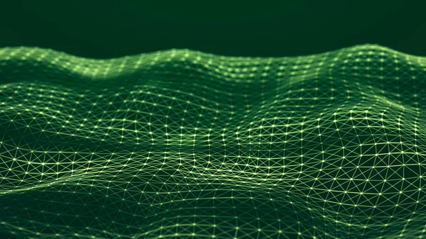 带有点和线的未来主义波浪 大数据动态波背景 技术背景 3D渲染 — 图库照片