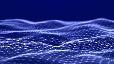 Noktaları ve çizgileri olan gelecekçi bir dalga. Büyük veri. Dinamik dalga arka planı. Teknoloji arka planı. 3d oluşturma