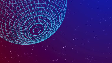 Soyut 3D küre. Koyu arkaplan üzerinde noktalar ve çizgiler olan bir küre ağı. Bilim ve teknoloji 3D görüntüleme.