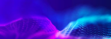 Karanlık bir arka planda güzel kıvrımlı dalga. Dijital teknoloji geçmişi. Ağ kavramı. 3B görüntüleme