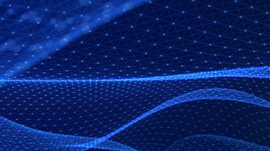 Karanlık bir arka planda güzel kıvrımlı dalga. Dijital teknoloji geçmişi. Ağ kavramı. 3B görüntüleme