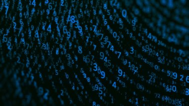 Bir sürü rakamlı dijital dalga. Farklı boyutlarda rakamlarla siber uzay arka planı. Büyük veri görselleştirmesi. Teknoloji ya da bilim afişi 3D görüntüleme