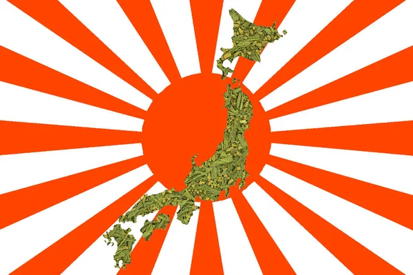 The flag of Japan against the background of green tea with fried rice in the form of a map of the country. The background for the greeting card. Content for the designer.