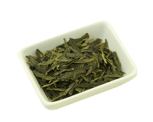 Chá Verde Chinês Lundzin Pires Retangular Antes Cozinhar Isolado Branco — Fotografia de Stock
