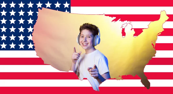 Pozitív Érzelmek Fogalma Egy Fiatalember Élvezi Életet Kollázs Amerikai Zászló — Stock Fotó
