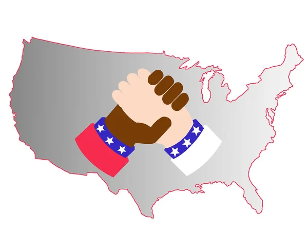 Uścisk Dłoni Ręce Rasy Białej Czarnej Izolacja Mapie Konturów Stanów — Zdjęcie stockowe